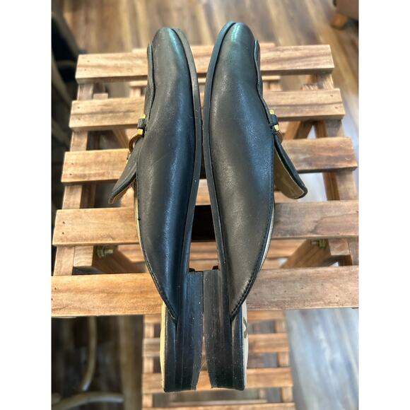 SAM EDELMAN LOUNETTE Size 6.5M Black Leather Mules Toe Gold Horsebit Flats Shoes - Picture 7 of 9